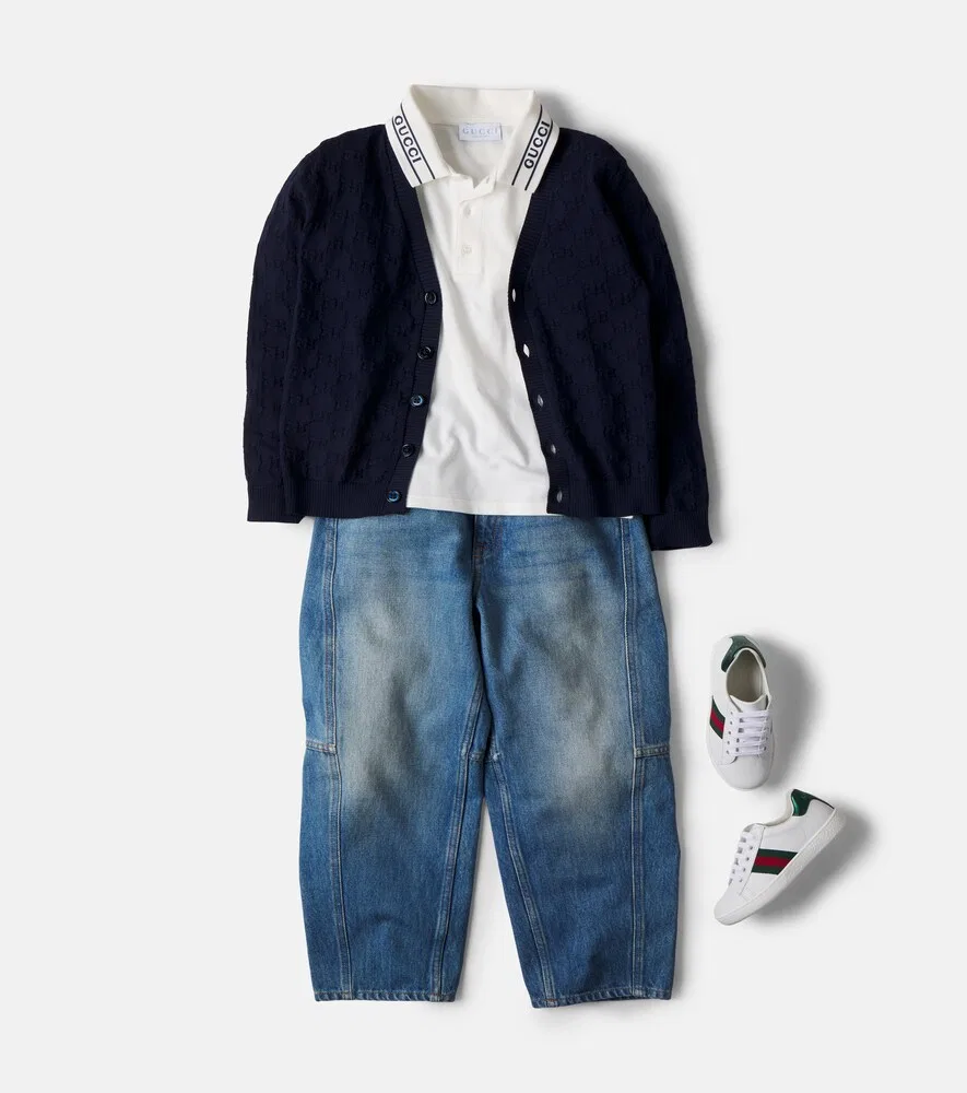 Кардиган из жаккардовой хлопковой ткани GG Gucci Kids, синий — фото 2