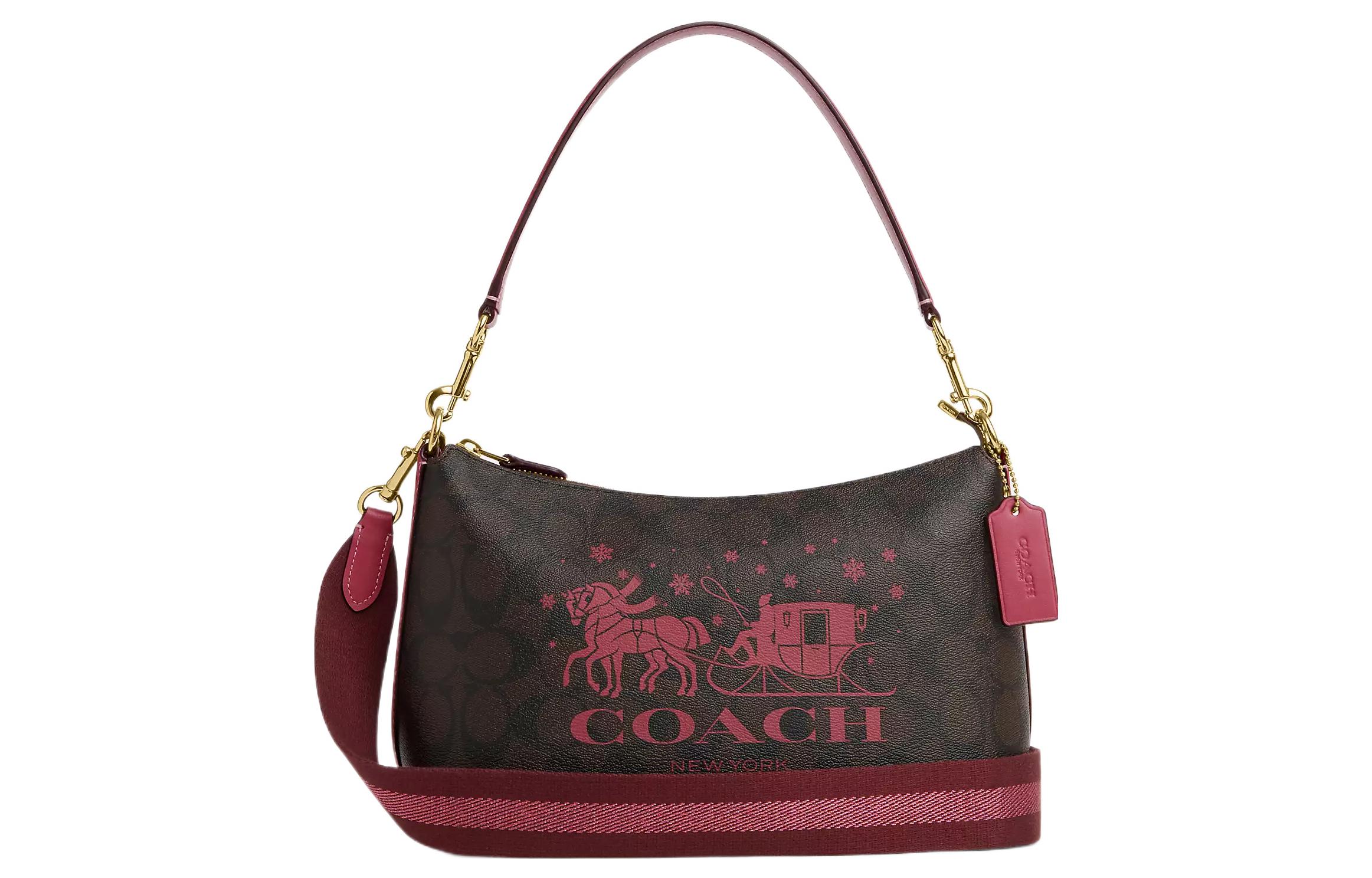 

COACH Кожаная женская сумка через плечо среднего размера с одним ремнём тёмно-коричневого и красного цвета