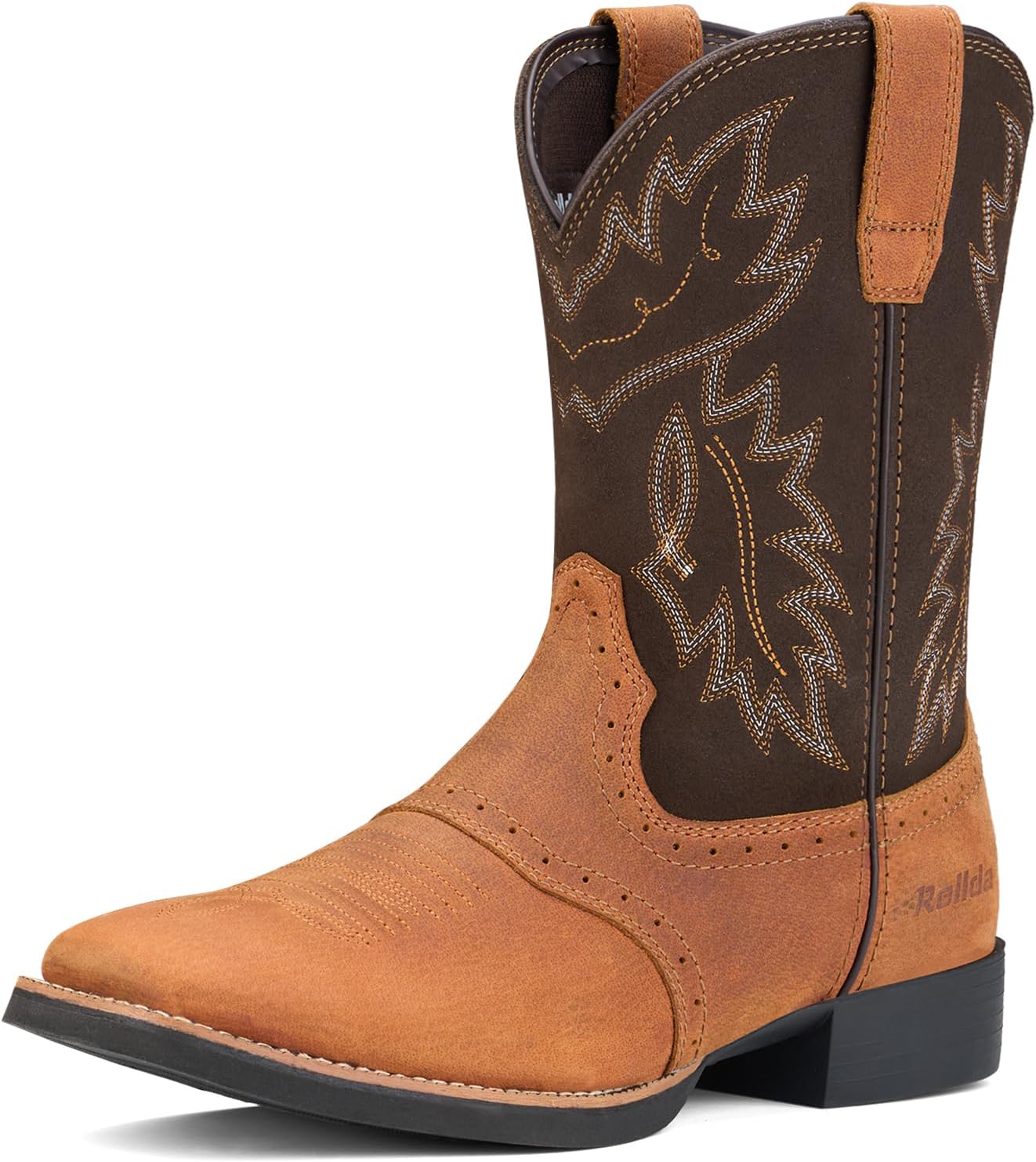 

Кожаные ковбойские сапоги Rollda для мужчин, западные сапоги с квадратным носком, массивным каблуком, средней голени, классические с вышивкой и петельками для надевания, коричневый