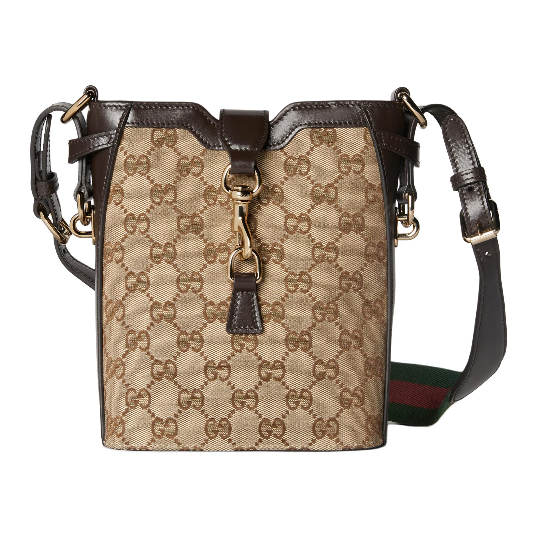 

GUCCI Сумка-ведро из холста с кожаной отделкой через плечо маленького размера женская бежевая и черная