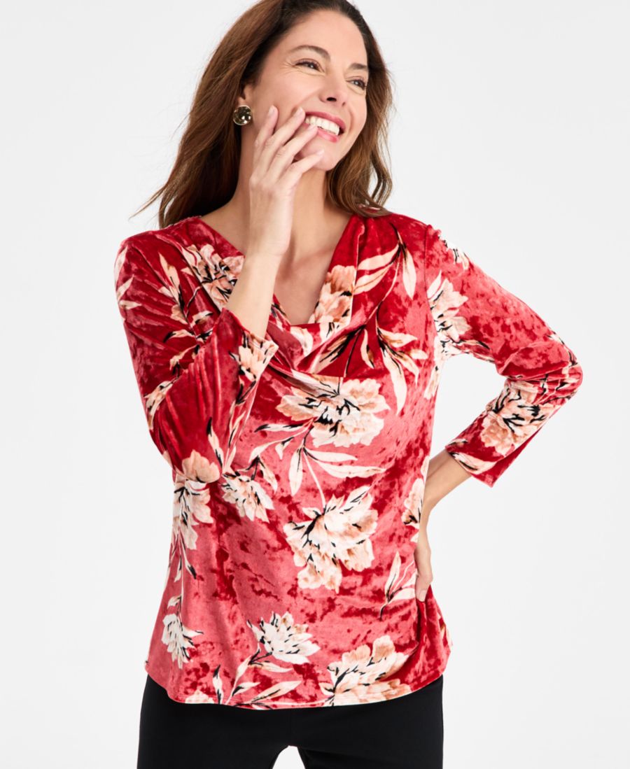 

Женская бархатная блузка с цветочным принтом и воротником-хомутом JM Collection, Canyon Red Combo