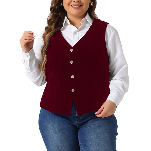 

Женский жилет Plus size в стиле стимпанк из бархата, без рукавов, с пуговицами и V-образным вырезом Agnes Orinda, Burgundy