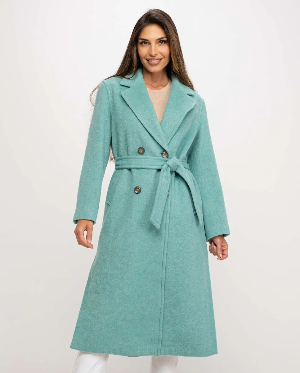 

Женское пальто с боковыми разрезами, отложным воротником и поясом Fsh, бирюзовый
