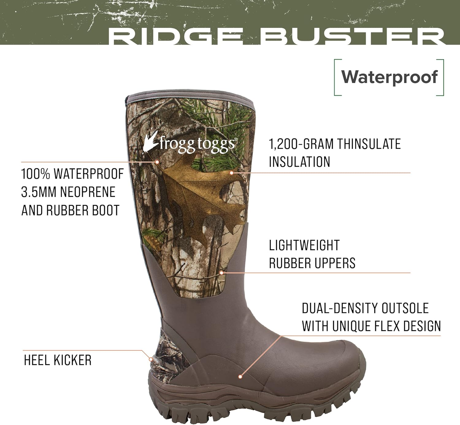 Мужские водонепроницаемые утепленные охотничьи резиновые сапоги FROGG TOGGS Ridge Buster с неопреном и Thinsulate — фото 2