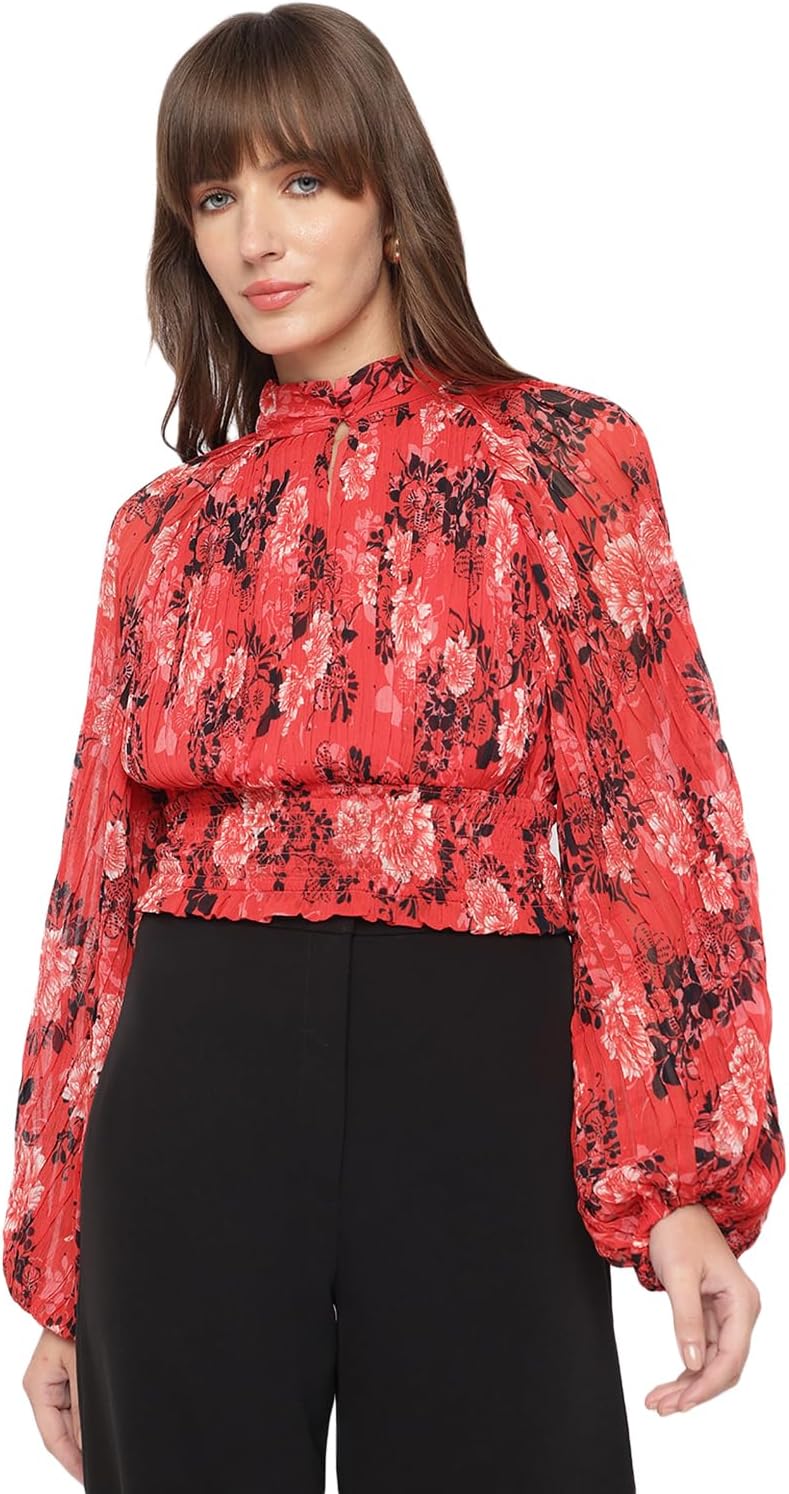 

GUESS Womens Long Sleeve Bianca Pleated Top, Call Me Cherry Print