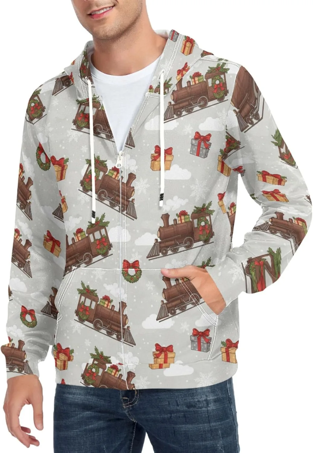 

Мужская толстовка с капюшоном на молнии, принт "Подарочный поезд", с карманом CUPADA