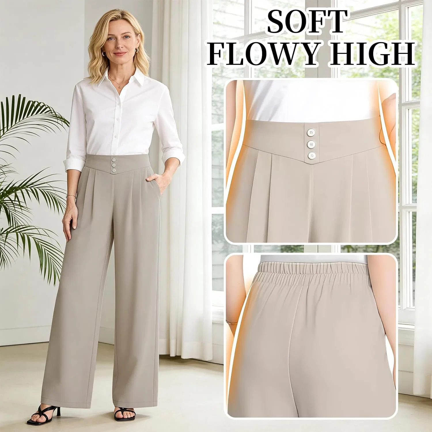 Брюки для женщин Soft Drape, свободные широкие, нарядные-повседневные, с высокой посадкой, на резинке, тянущиеся, для работы, для старше 50 Generic, бежевый — фото 3
