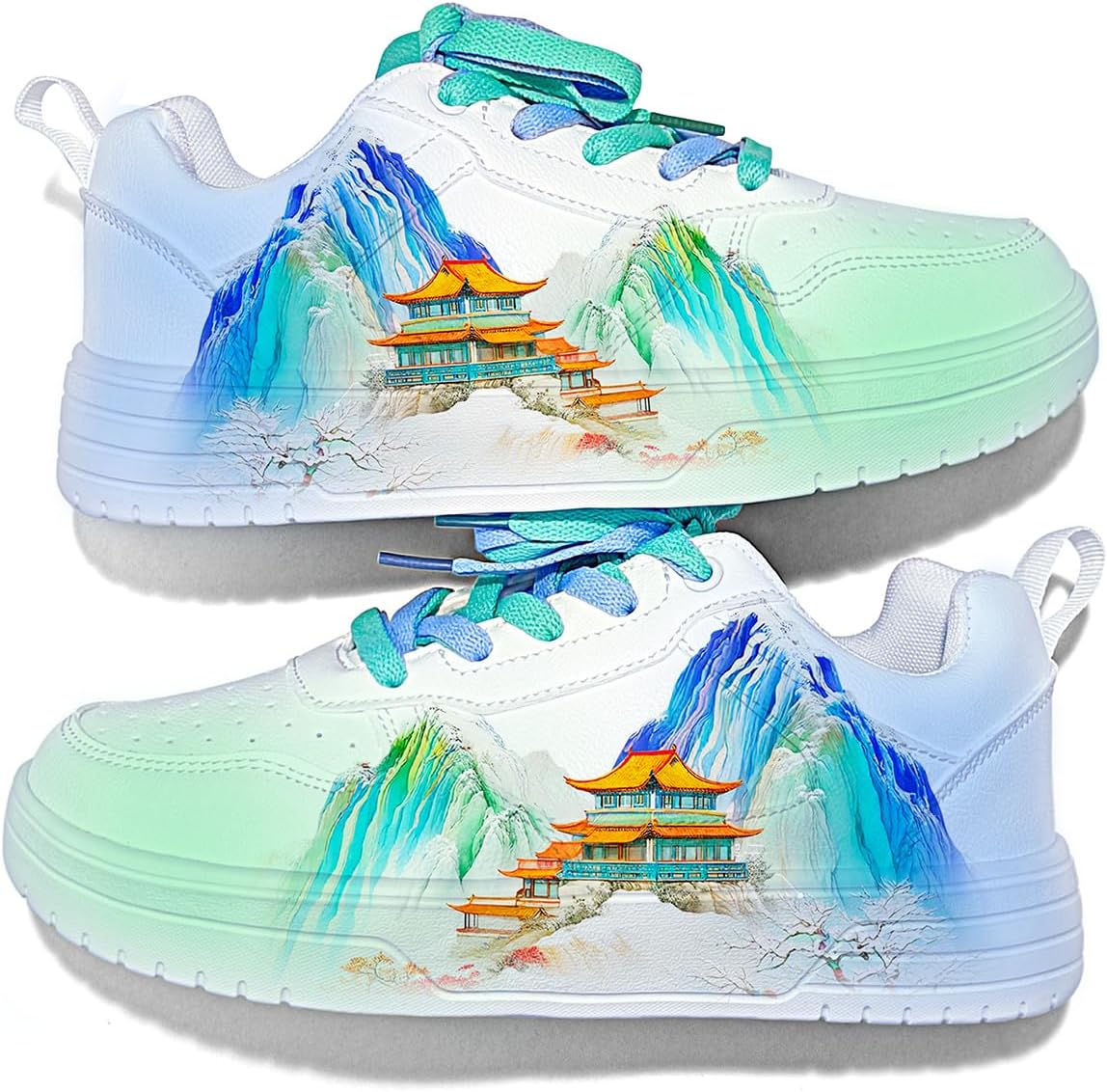 

Кроссовки в азиатском стиле Белые кроссовки с мотивами храмов Бирюзовые шнурки Принт акварельного горного пейзажа Унисекс Generic