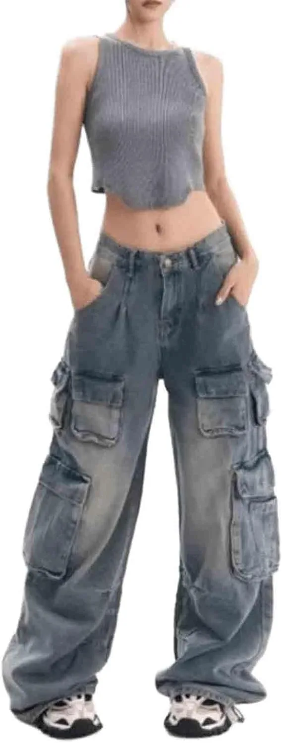 

BXCNCKD женские ретро Y2K джинсы с несколькими карманами, свободные прямые штаны