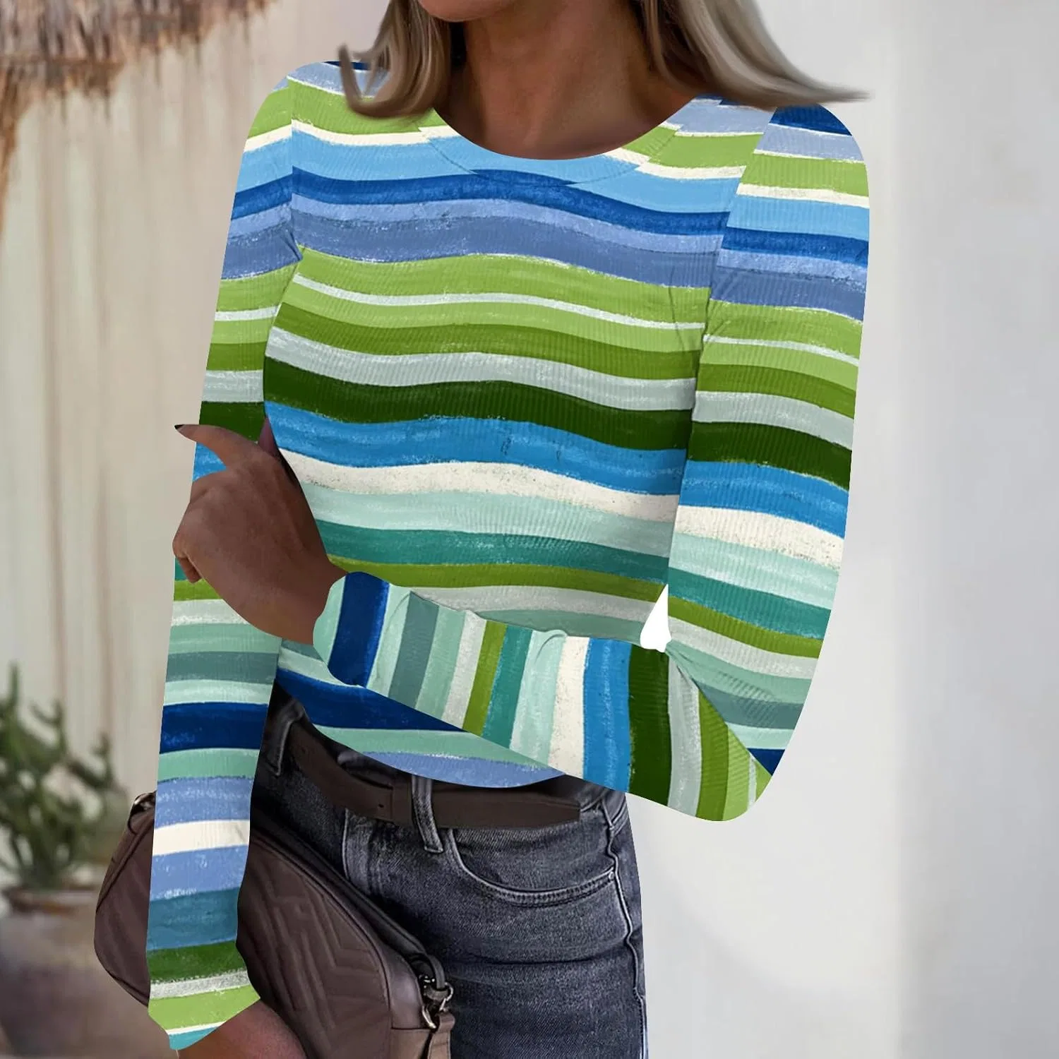 Футболка с принтом, женская, Long Sleeve, Generic, B Blue — фото 2