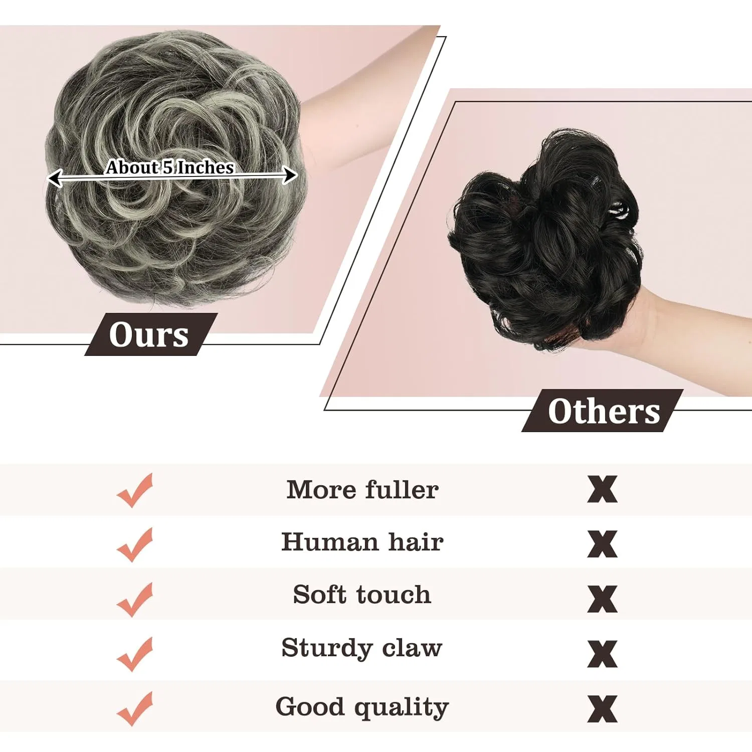 Шиньон-пучок на крабе из натуральных волос «Messy Bun» от RUWISS Ruwiss, Black Tips In Grey And Platinum Blonde — фото 3