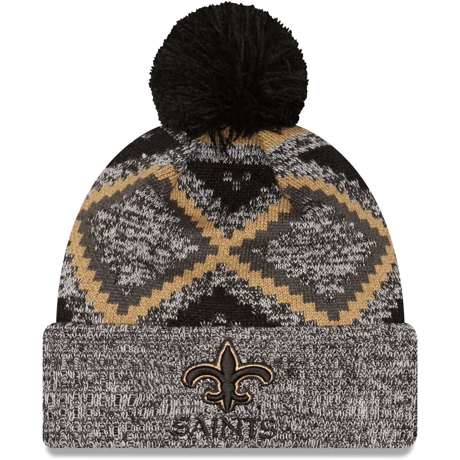 

Мужская вязаная шапка New Era черная/серая с меланжевым узором New Orleans Saints Grandpa с манжетами и помпоном