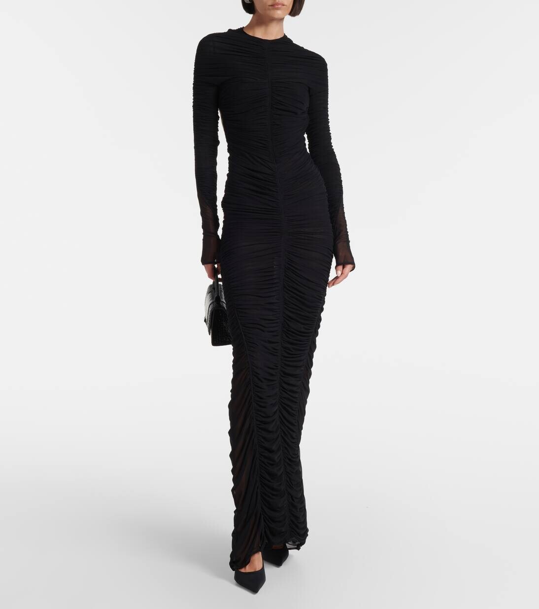 Платье из сетки с открытой спиной и сборками Mugler, черный — фото 2