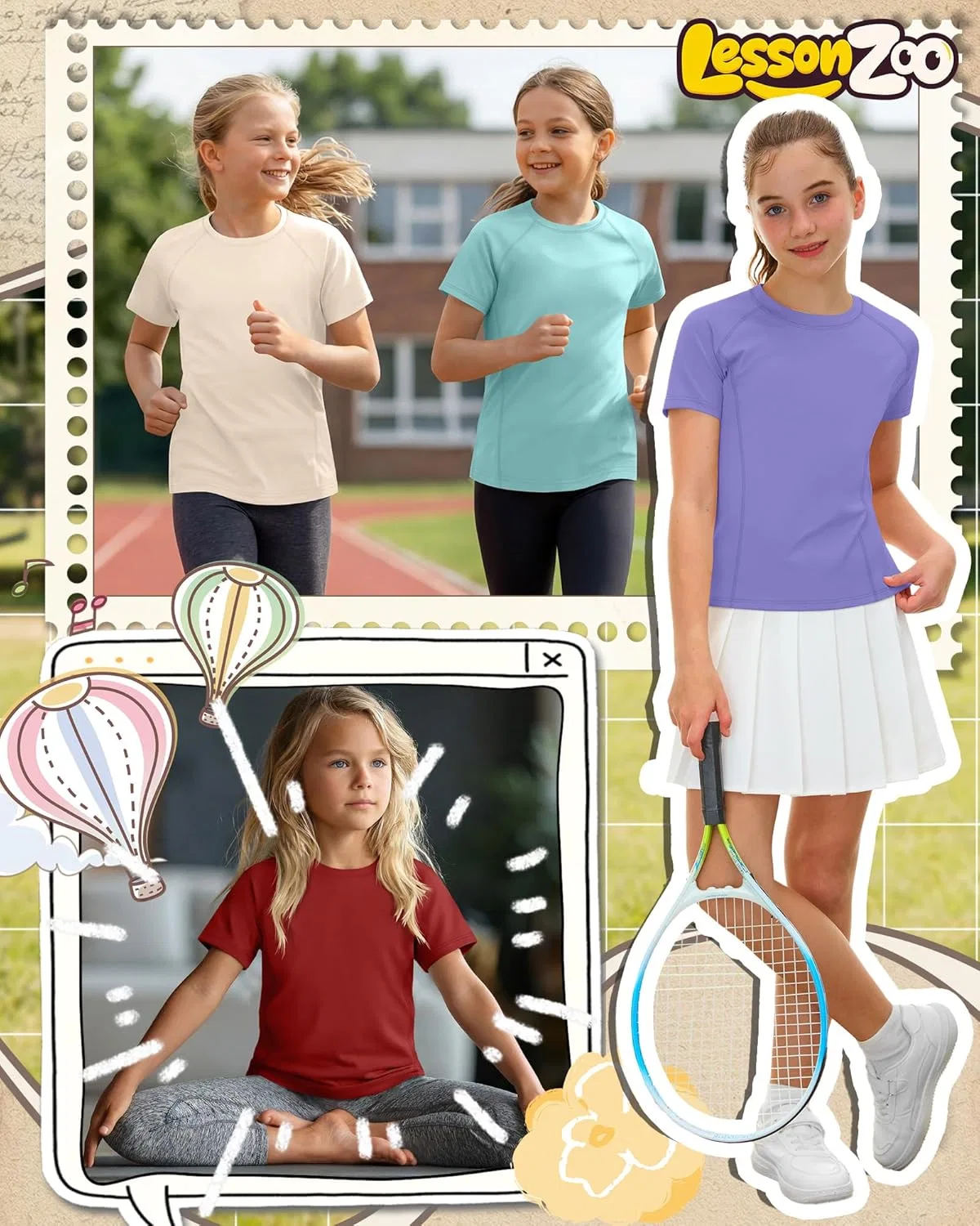 Детские спортивные футболки, 4 штуки, бренд LessonZoo, Purple, Teal, Light Khaki, Red — фото 3