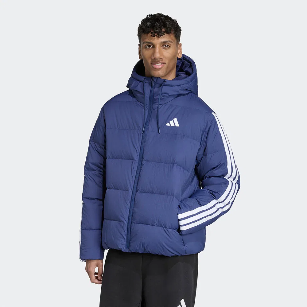 Мужская тёмно-синяя пуховая куртка с капюшоном Essential Climawarm 3-Stripes Puffer от Adidas