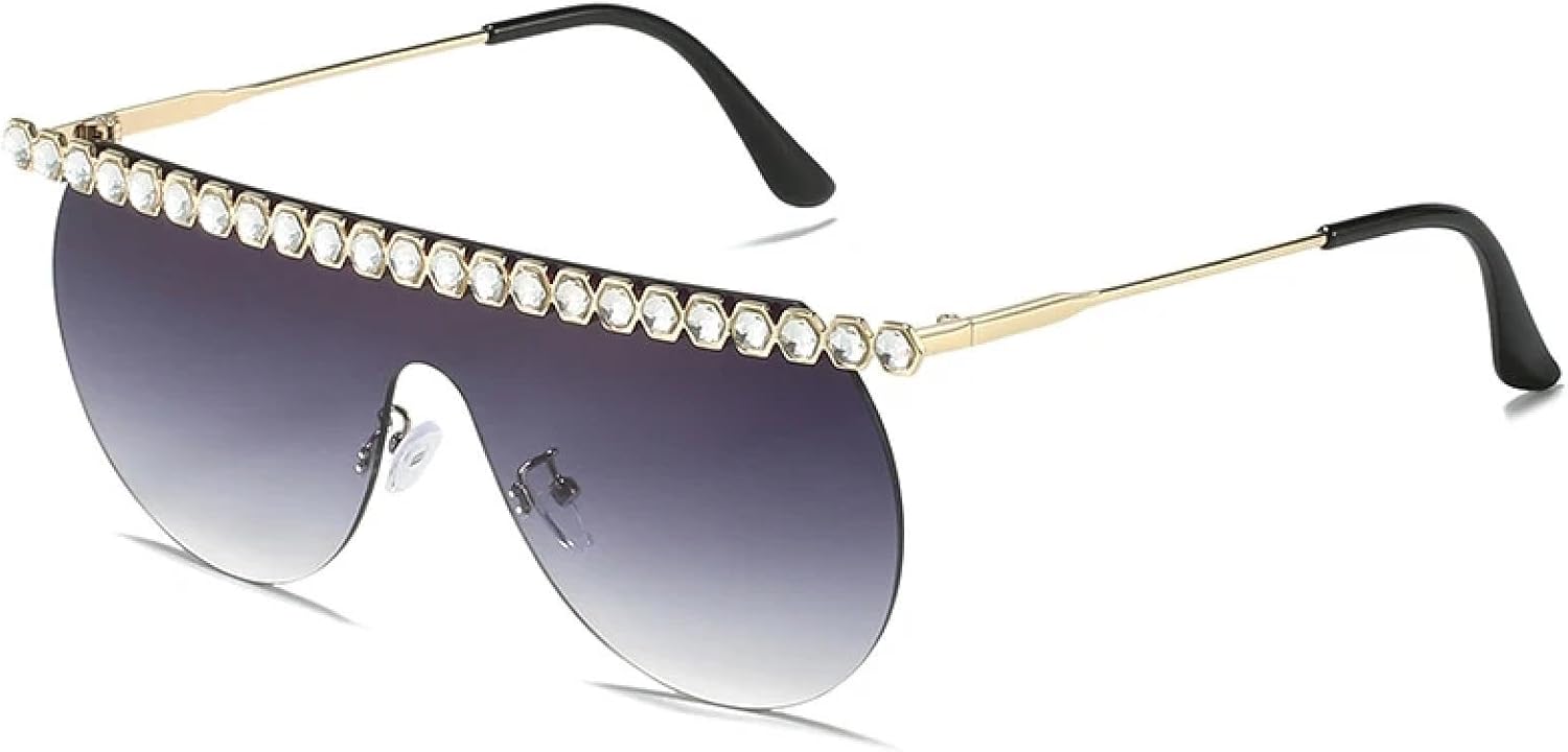 

Роскошные цельные солнцезащитные очки без оправы с имитацией бриллиантов для женщин и мужчин, винтажные модные очки для путешествий и вождения, защита от УФ-излучения UV400 TKKTLLT, Gold Gradient Gray