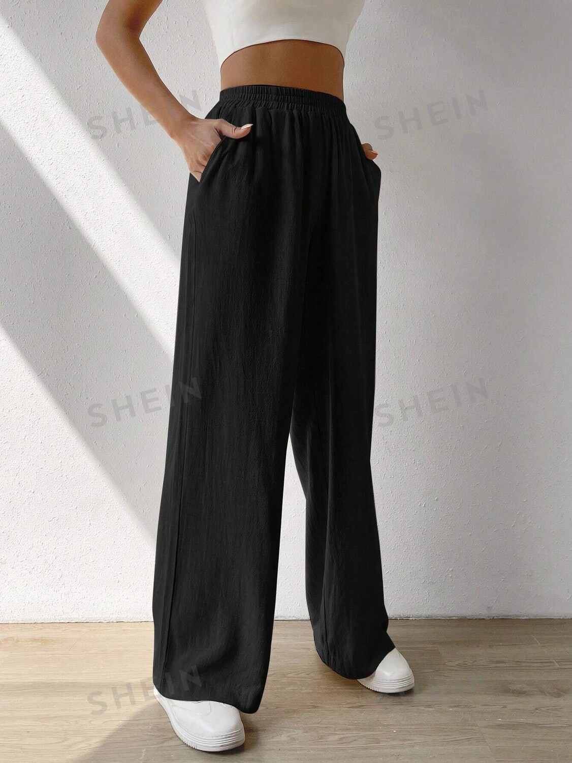 

EZwear Широкие брюки, Однотонные, с диагональным карманом Shein, черный