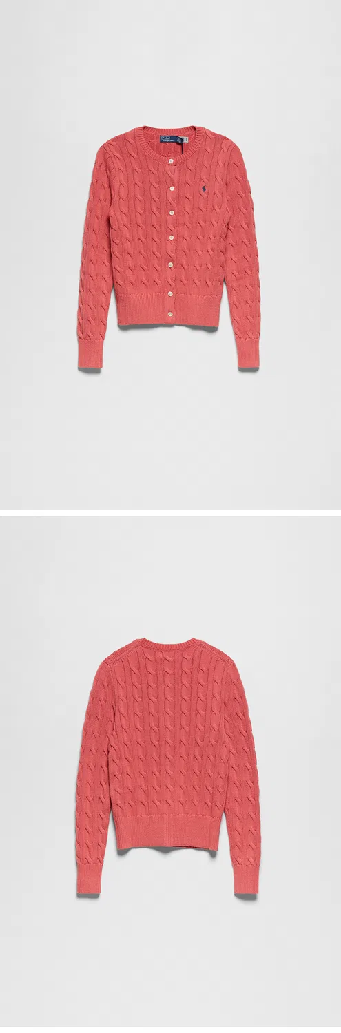 Женский хлопковый кардиган с круглым вырезом и косами Cable Knit красного цвета от Polo Ralph Lauren — фото 3