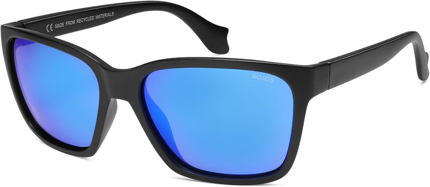

Поляризованные солнцезащитные очки SOJOS Ocean Collection для мужчин, квадратная оправа из переработанной рыболовной сети, экологичные, с защитой от УФ-излучения UV400, цвет «Тихий океан», Black/Blue