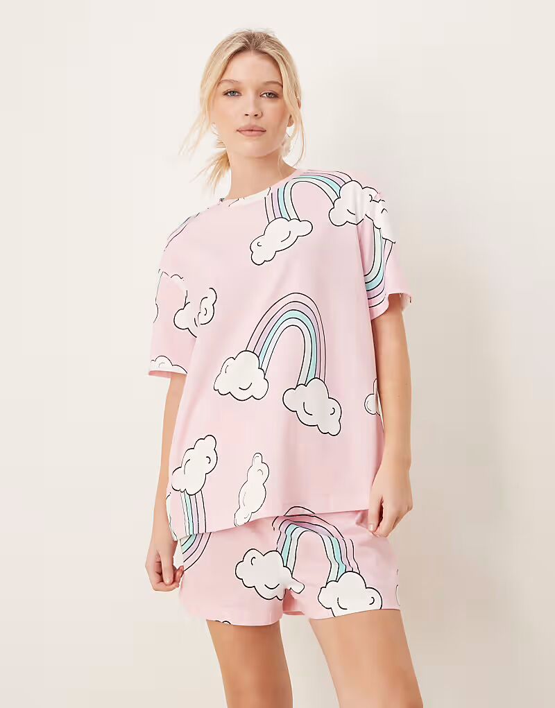 

Комплект из разноцветной футболки и короткой пижамы ASOS DESIGN розового цвета