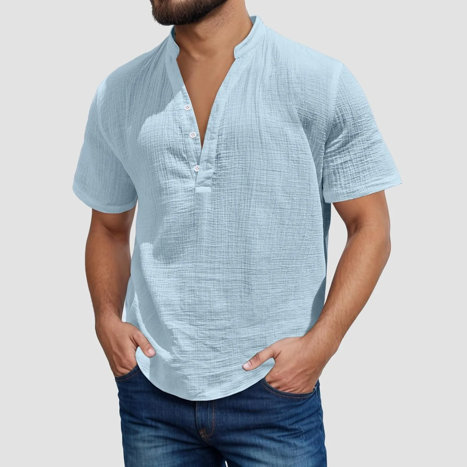 Мужская льняная рубашка Casual Button Down V Neck T Shirt Regular Fit — фото 2