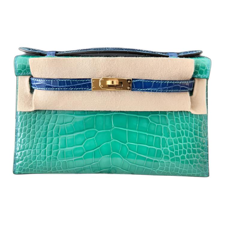 

HERMES Сумка Mini Kelly 1 Block из полированной кожи крокодила 22 Women's Protea Green & Glaze Blue