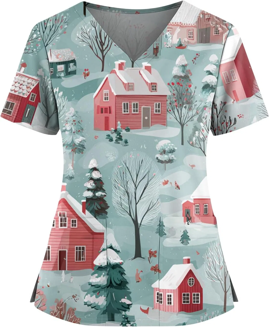 Медицинский топ с V-образным вырезом, Christmas, короткий рукав, с карманами, 1-Light Blue