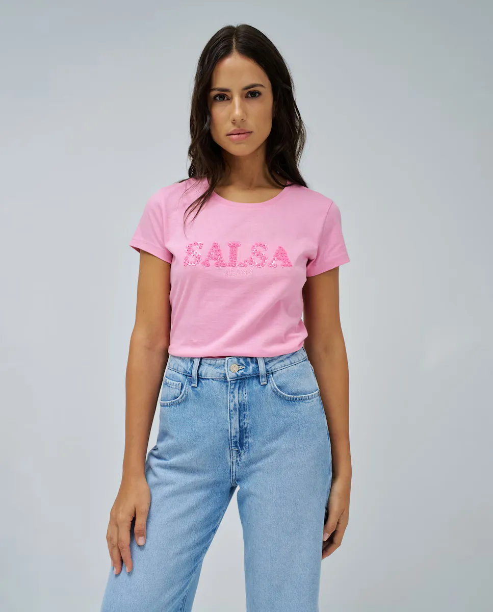 

Женская футболка с коротким рукавом и брендингом Salsa Jeans, розовый