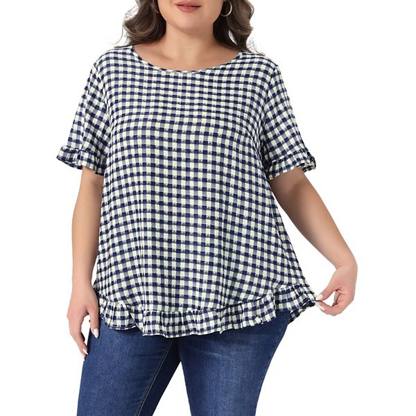

Блуза Plus size в клетку 1950s vintage с круглым вырезом, рукавами-фонариками и застежкой на спине Agnes Orinda, Navy Blue