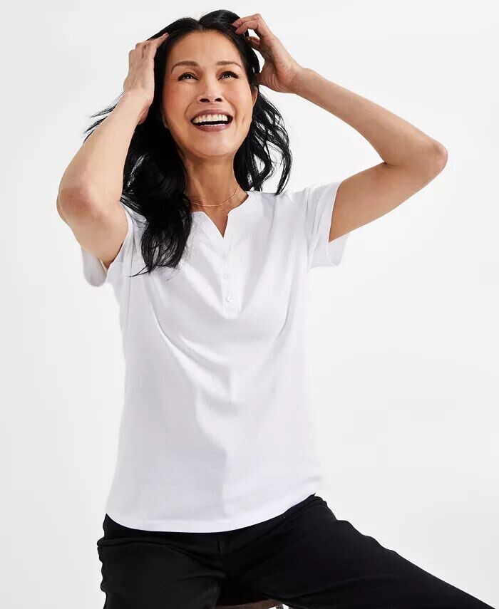 

Хлопковая футболка Petite Henley с короткими рукавами Style & Co, белый
