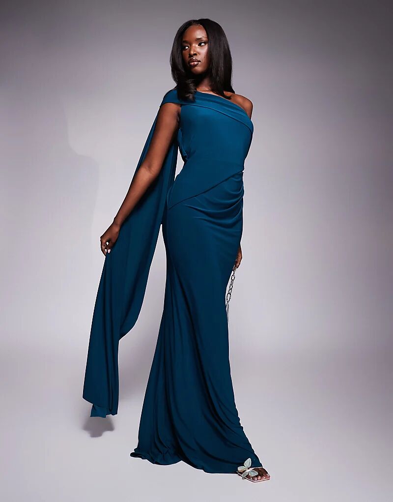 

Платье макси ASOS DESIGN Premium на одно плечо с драпировкой и шлейфом, цвет «синий бензин»