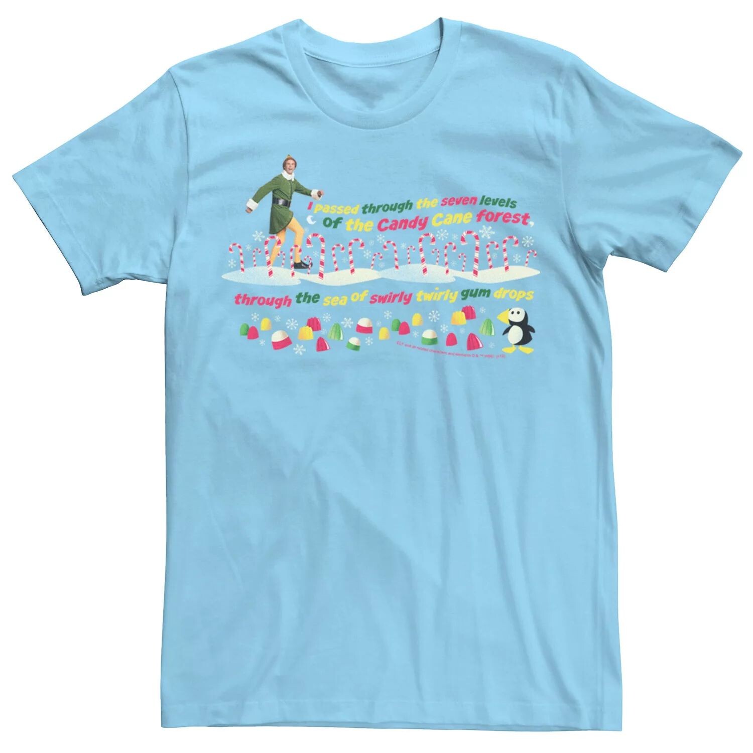 

Мужская футболка Elf Buddy Seven Levels Of The Candy Cane Forest с текстом Licensed Character, светло-синий