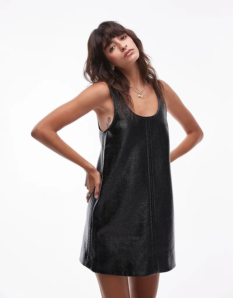 

& Other Stories, лакированное мини-платье трапециевидной формы с подкладкой в ​​ломаную клетку, черного цвета