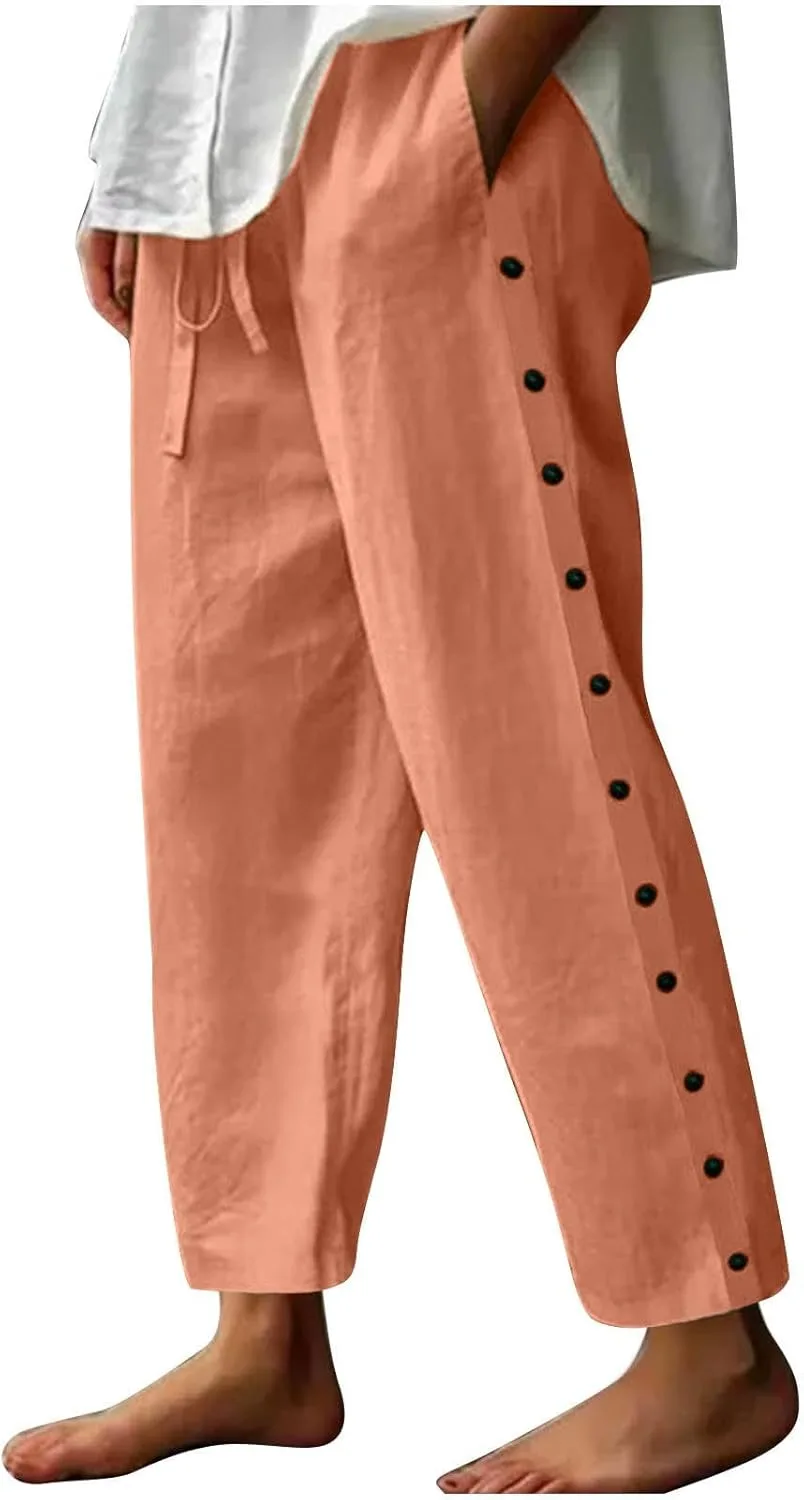 

Женские повседневные льняные брюки с полоской и эластичным поясом