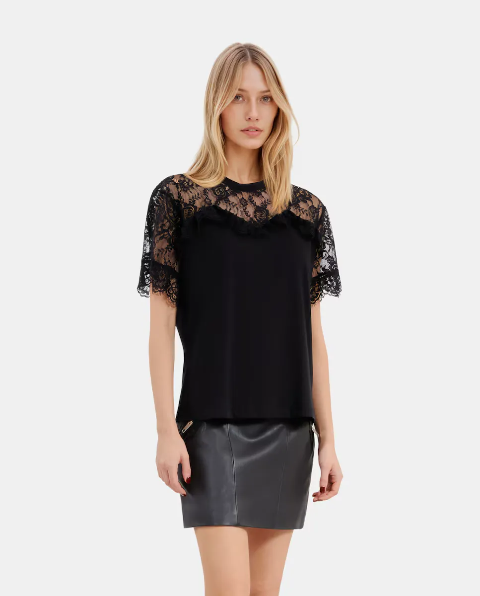 

Женская футболка из хлопка с кружевом The Kooples, чёрный