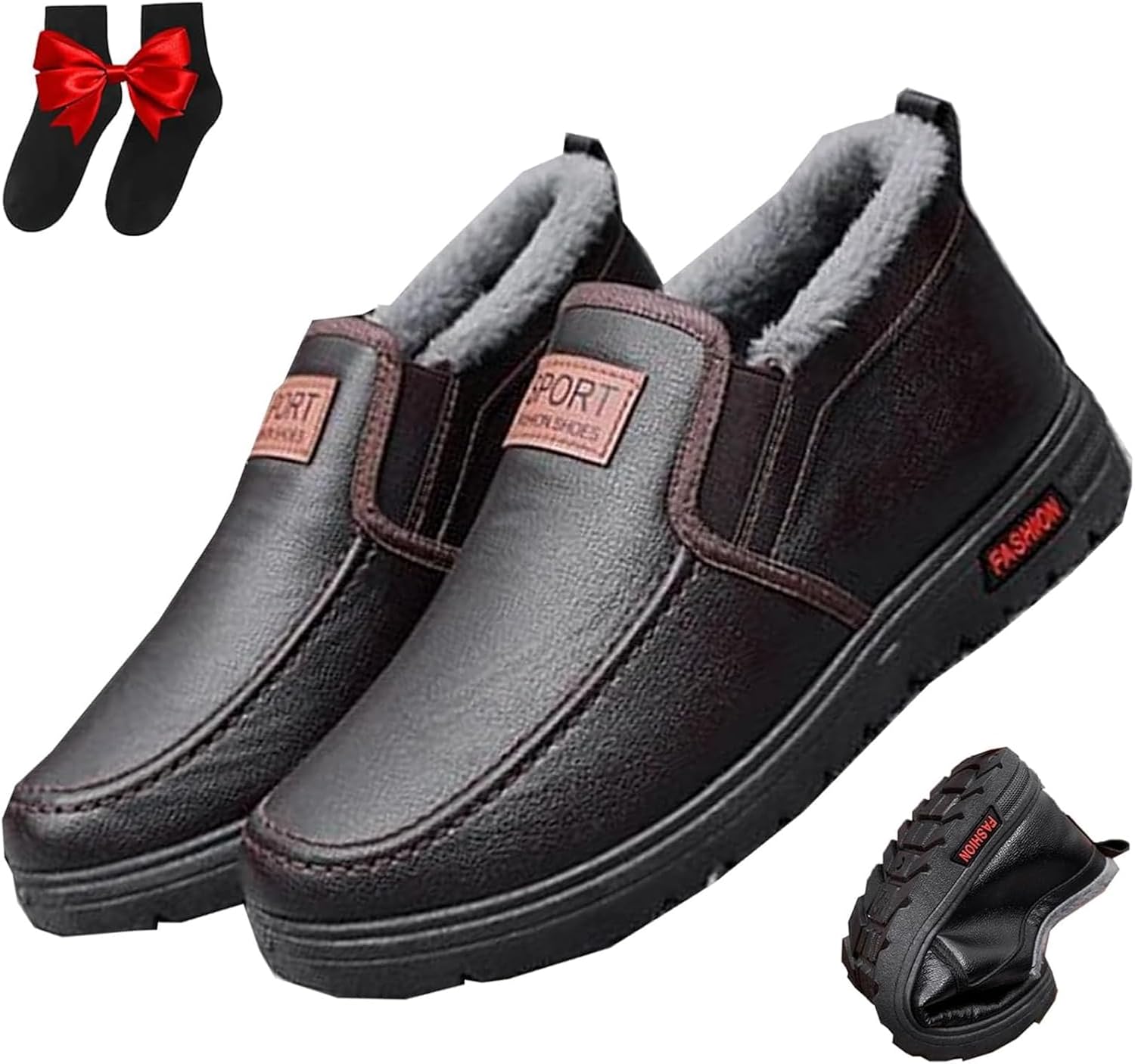 

Мужские зимние кожаные ботинки GHTRHSB, противоскользящие удобные слипоны для снега, водонепроницаемые легкие повседневные лоферы для прогулок для среднего и пожилого возраста, коричневый