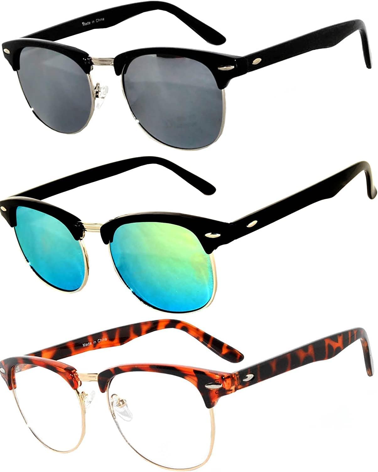 

OWL Набор из 3 полуободковых солнцезащитных очков из металла и пластика для женщин и мужчин, защита от УФ-излучения UV400, дымчатые, тонированные, зеркальные линзы, ретро-стиль, Black Smoke, Black Yellow Mirror, Leopard Clear