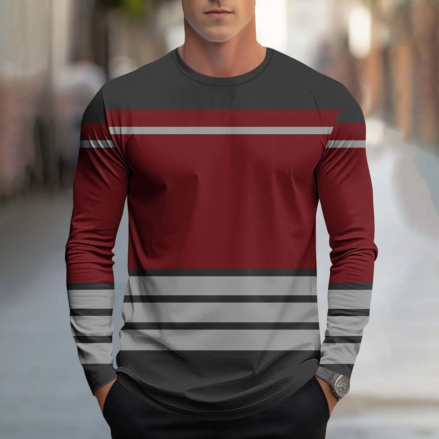 Мужская футболка с длинным рукавом Regular Fit, полоска, Crewneck — фото 2