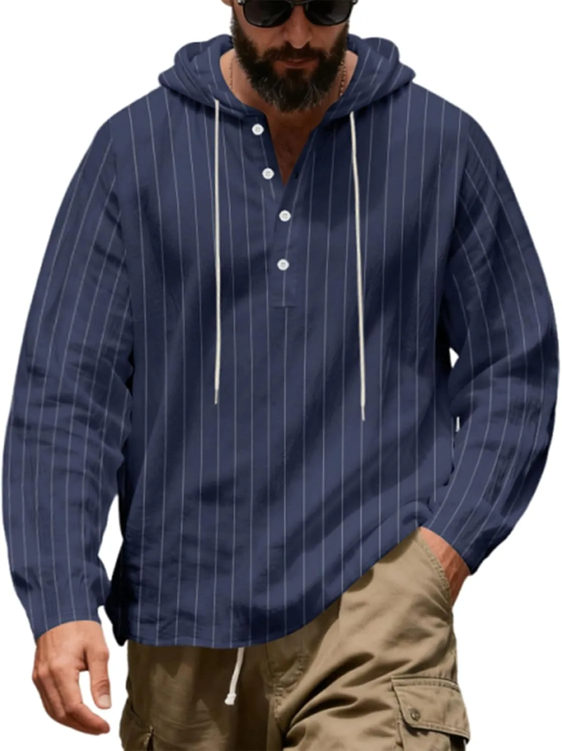 

Льняная худи с капюшоном, мужская, с длинным рукавом и пуговицами