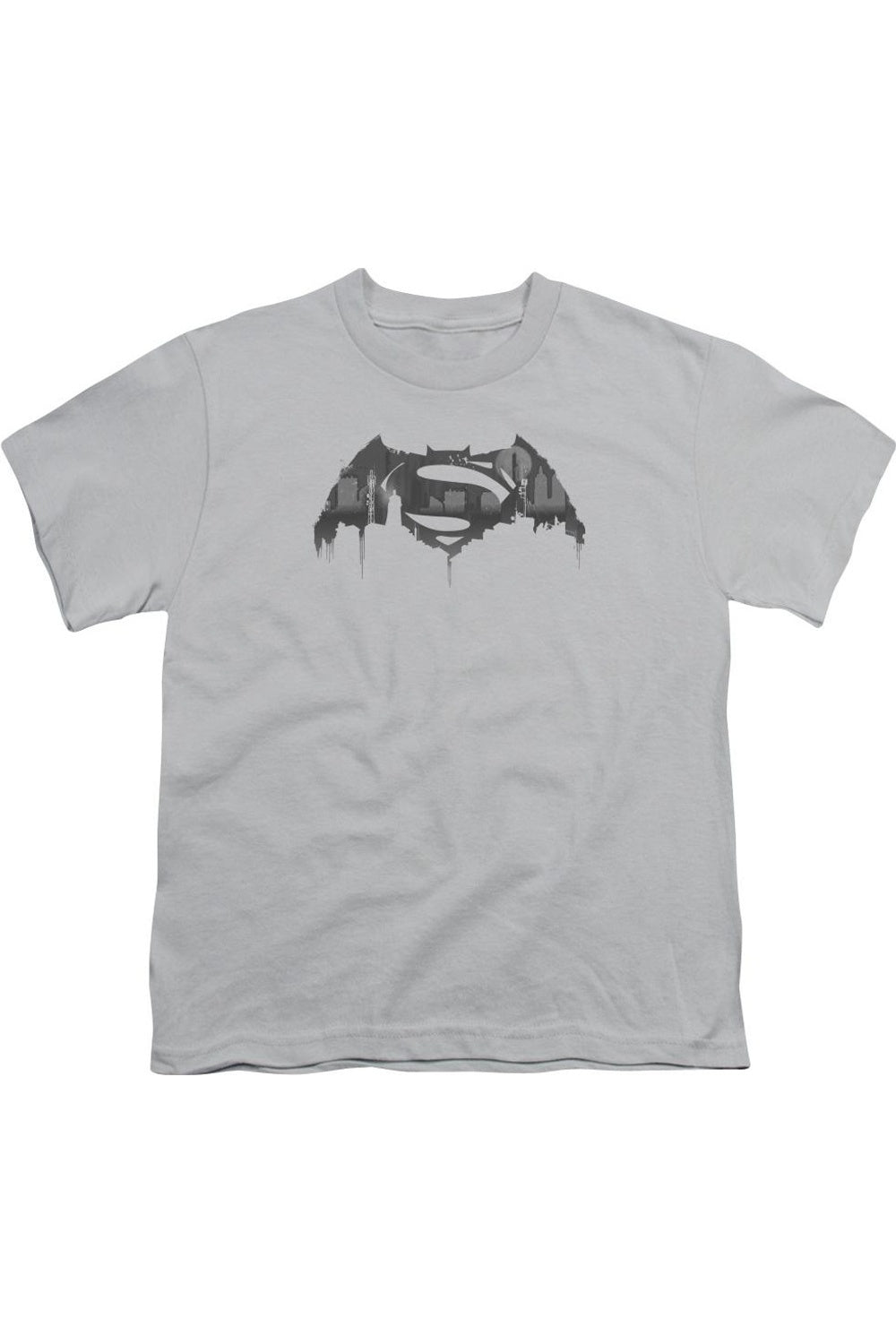 

Футболка с коротким рукавом для подростков с логотипом Batman V Superman и силуэтом города Gildan, серебряный