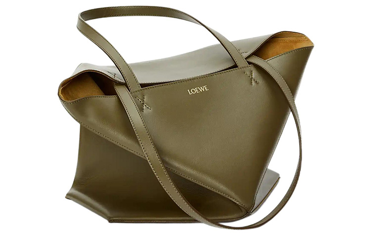 LOEWE Складная блестящая сумка-шоппер из телячьей кожи среднего размера для женщин в темном хаки-зеленом цвете — фото 3