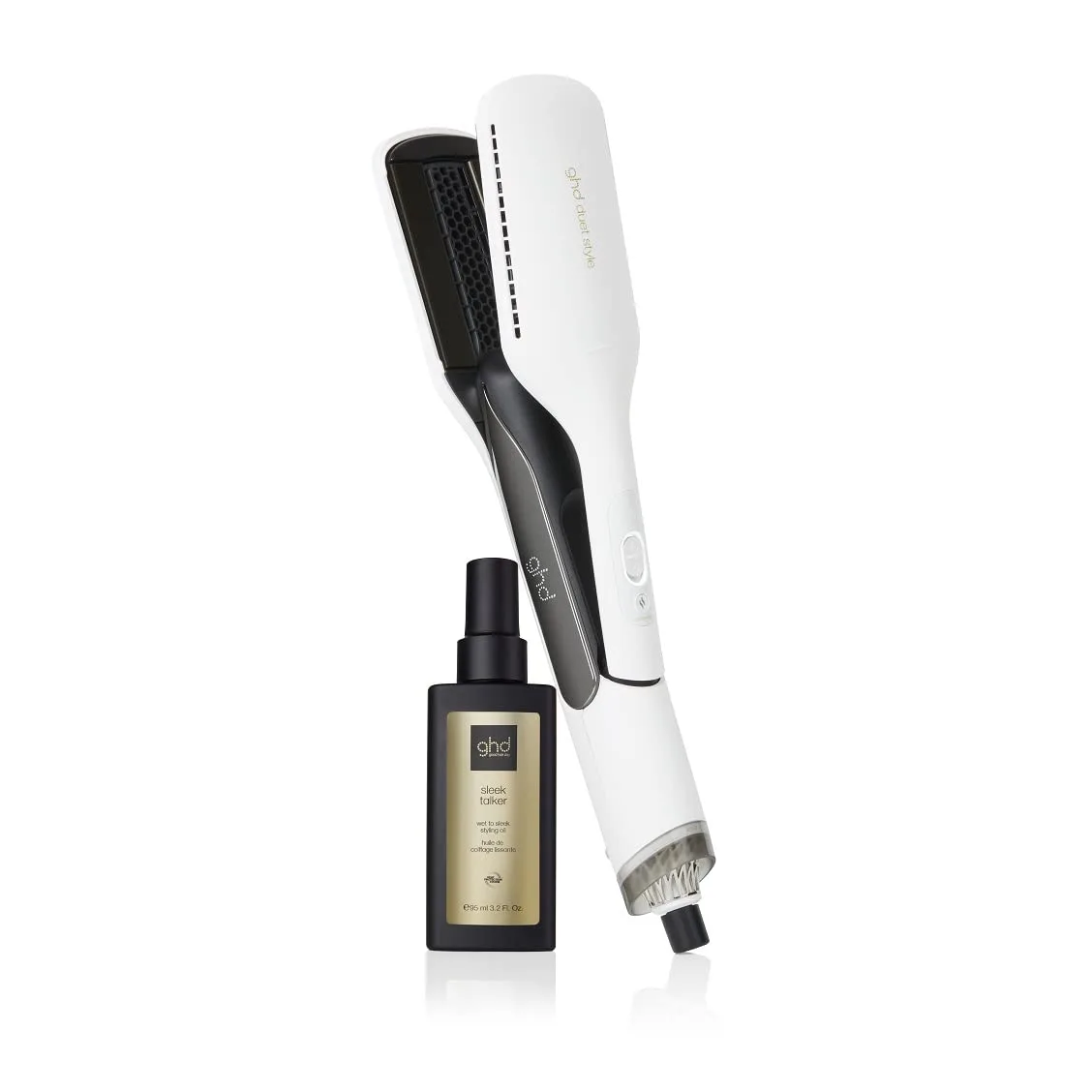 ghd Duet Style Power Couple ― Фен-стайлер Duet 2-в-1 (белый) с маслом для укладки волос Sleek Talker Wet to Sleek (95 мл), White + Wet to Sleek Styling Oil