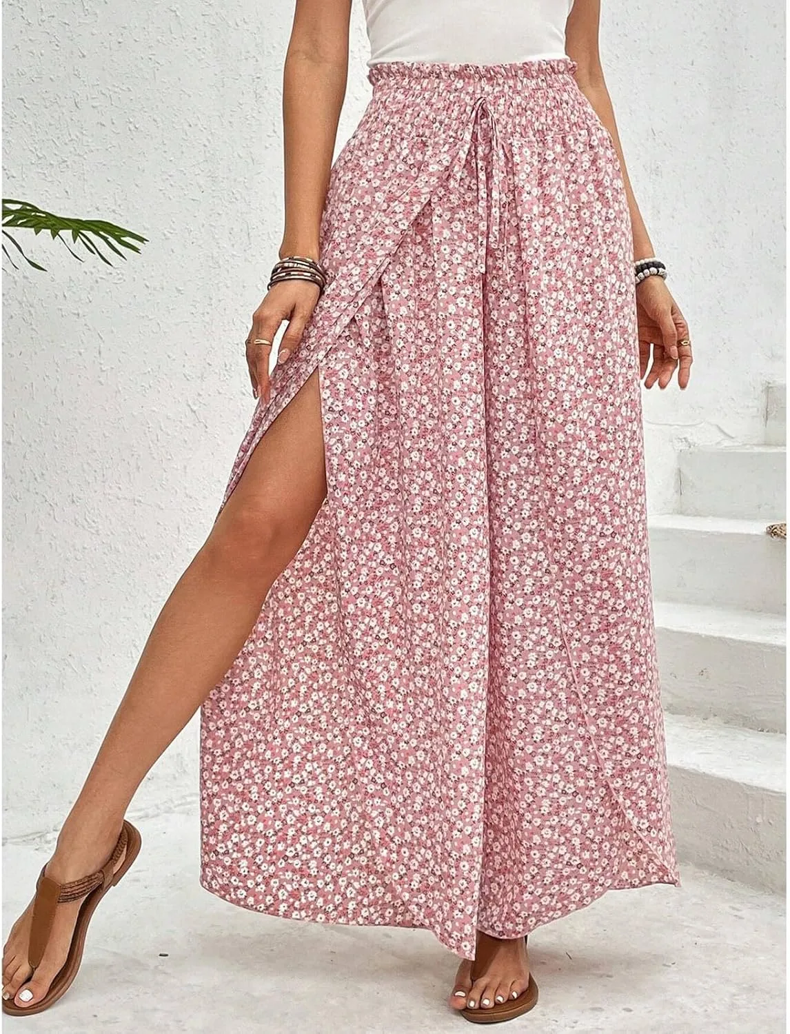 Женские брюки Ditsy Floral с разрезом спереди, мешковатые широкие брюки-клеш, летние богемные брюки Paper Bag на шнурке с высокой посадкой Generic, розовый — фото 4