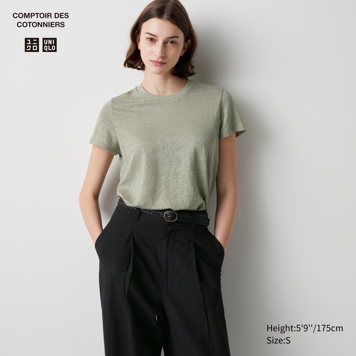

Футболка с круглым вырезом из 100% льна UNIQLO, оливково-зеленый