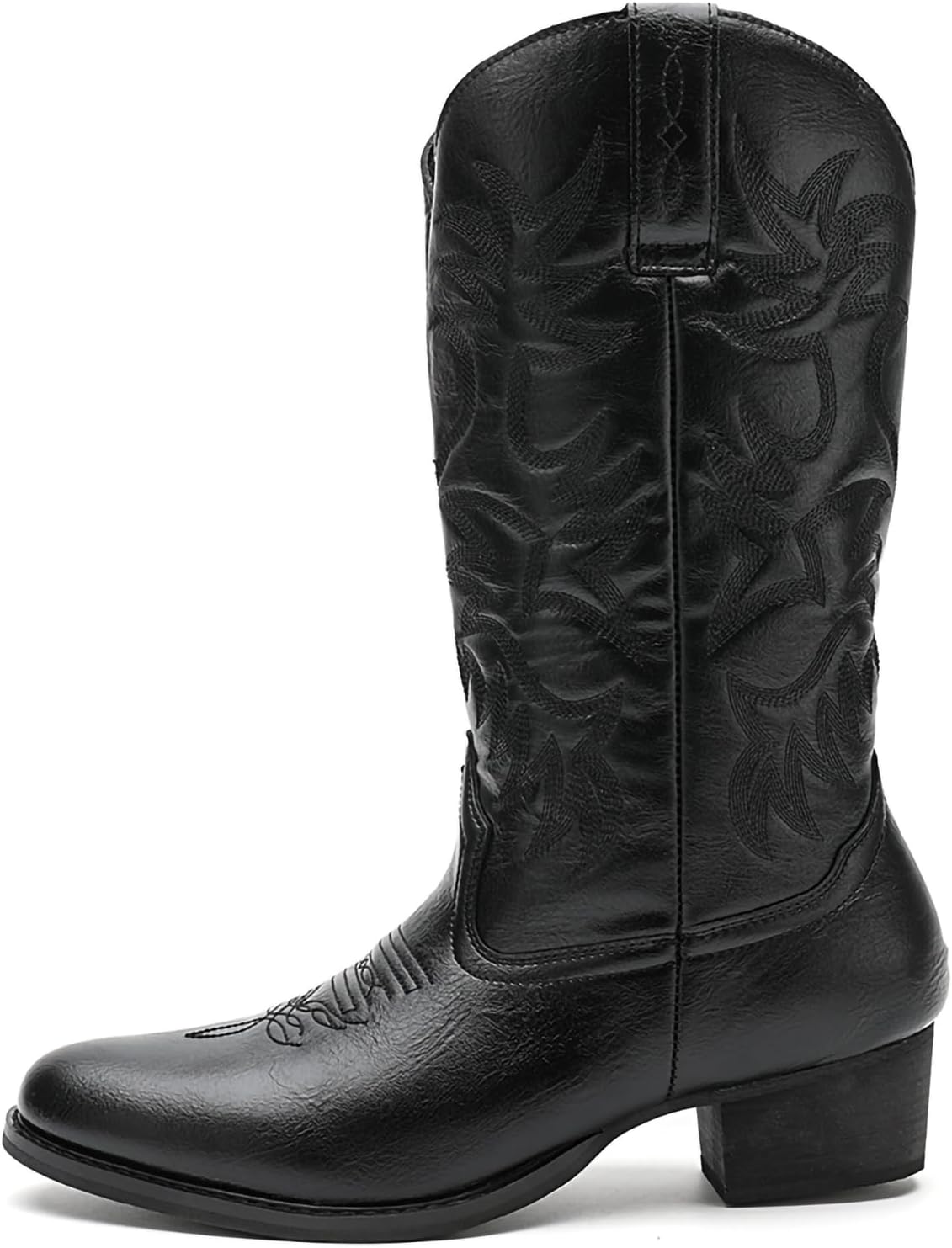 

Мужские ковбойские сапоги с квадратным носком, вышитые сапоги до середины голени из искусственной кожи, ретро-сапоги рыцаря, винтажные западные сапоги для езды с массивным каблуком и дизайном без застежки Generic, черный