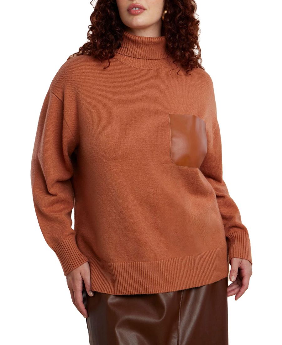 

Женский свитер большого размера из искусственной кожи с карманами и высоким воротником ELOQUII, Roasted pecan