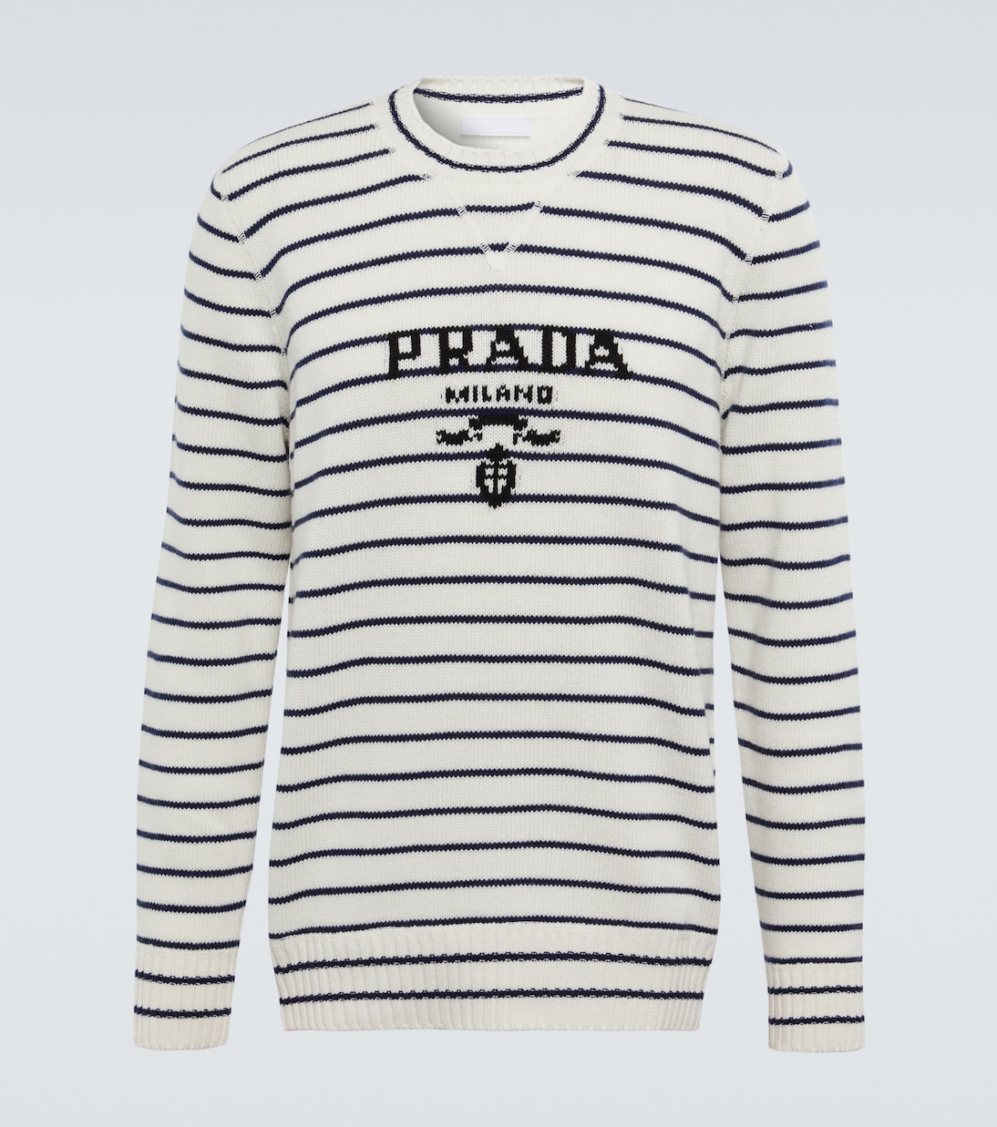 

Полосатый шерстяной свитер с кашемиром Logo Prada, Bianco + Blu