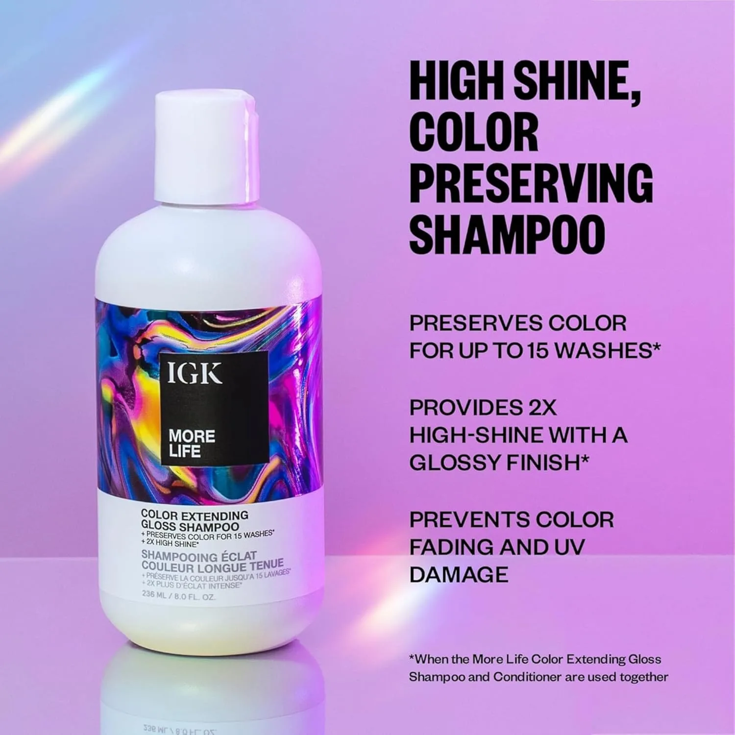 IGK MORE LIFE Color Extending Gloss Shampoo для сохранения цвета и блеска волос, 1000 мл, This color extending gloss shampoo helps bring back shine to color-treated hair that looks faded — фото 4