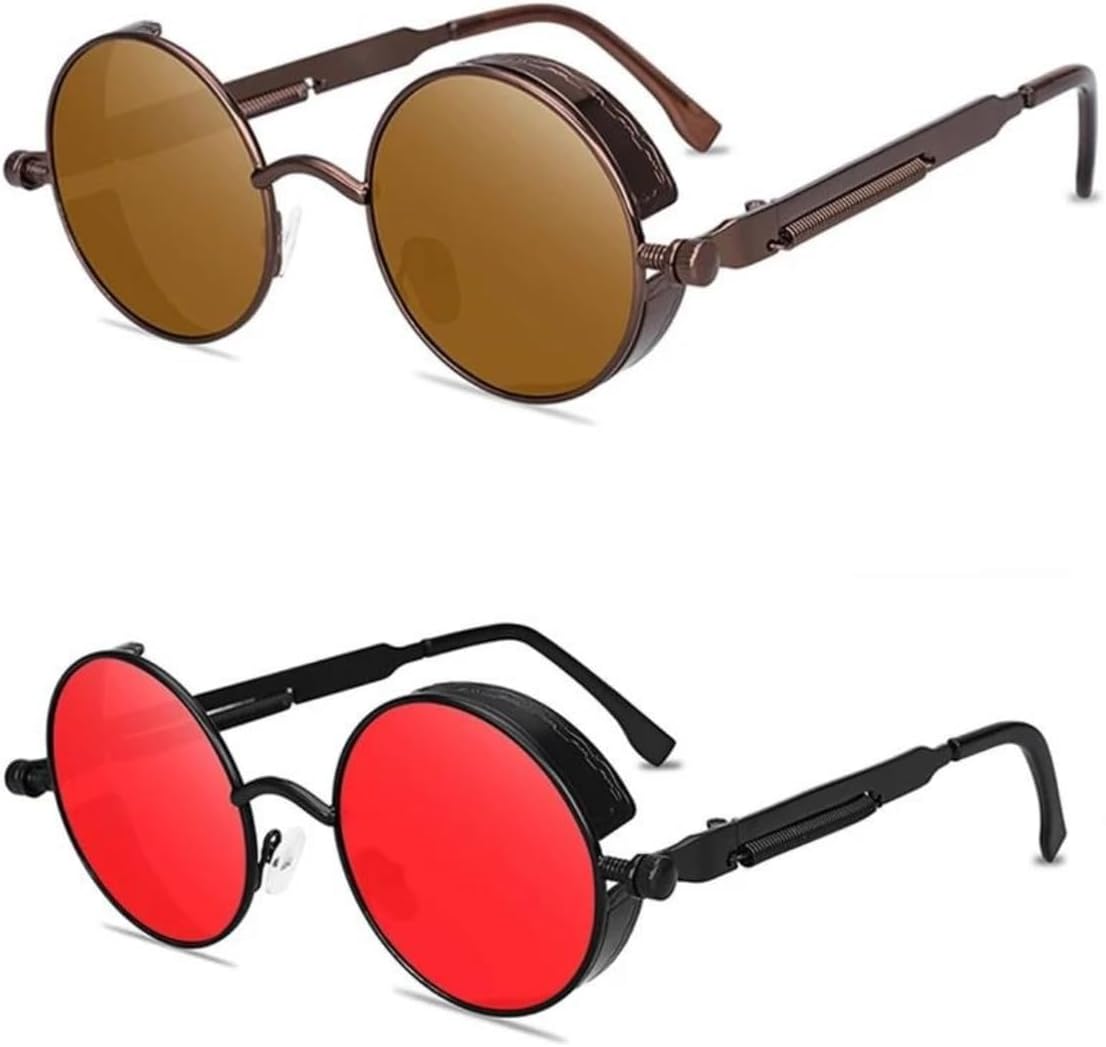 

Классические солнцезащитные очки в стиле стимпанк для мужчин и женщин, винтажные круглые очки, модные очки для вождения с защитой от УФ-излучения UV400 UQKY, Brown/Red