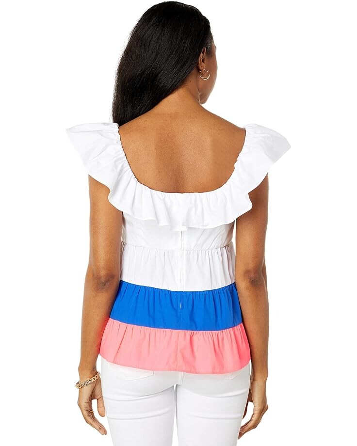 

Топ Lilly Pulitzer Emie Ruffle Top, цвет Resort White/Borealis Blue/Lillys Coral Color-Block